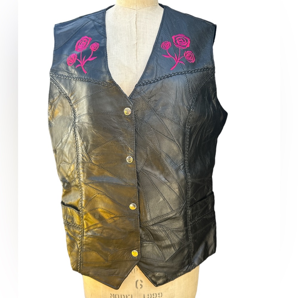 Black Leather Vest with Pink Embroidery